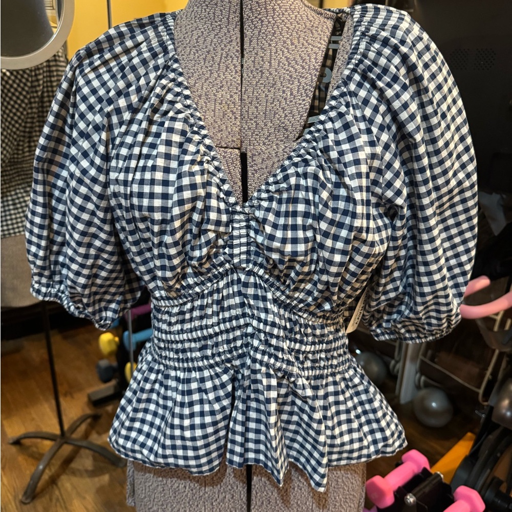 Old Navy Navy Checkered Puff Sleeve Blouse